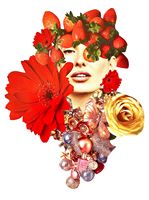 femme, fraises, fleurs rouges